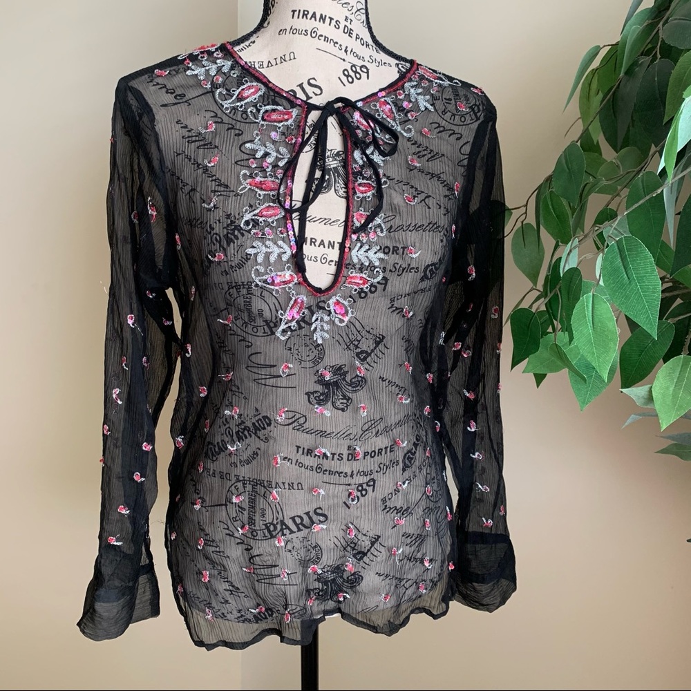 Cotton Express Sheer Silk Tunic Top Black Sz L